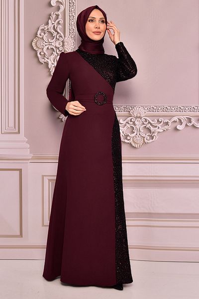 Ayşe Melek Burgundy Hijab Evening Dress - Sequin Detailed Women's Clothing, Fashion 2524