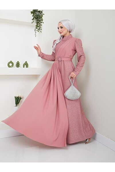 Ayşe Melek Kadın Giyim Abiye Moda Simli Pileli Abiye Elbise 2538 Gül