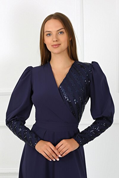 zeynep zehra Kadın Giyim Abiye Moda Pullu Krep Uzun Abiye Elbise 2731 Lacivert