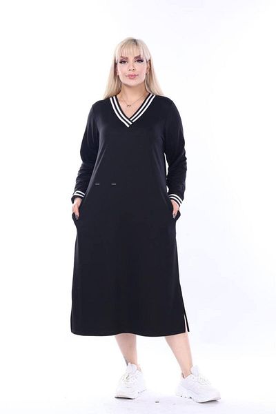 mezura tekstil V-Neck Long Sleeve Black Midi Dress - Slit and 2 Pockets, Stripe Detail
