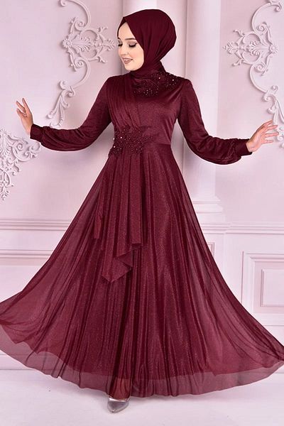 Ayşe Melek Burgundy Hijab Evening Dress - Women's Clothing, Fashion 2514
