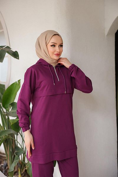 BURCU TESETTÜR Front Half Zipper Tracksuit Set TRN1019 Purple