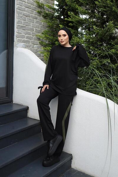 BURCU TESETTÜR Set dublu cu mâneci cu șireturi BRC1301 Negru Kaki