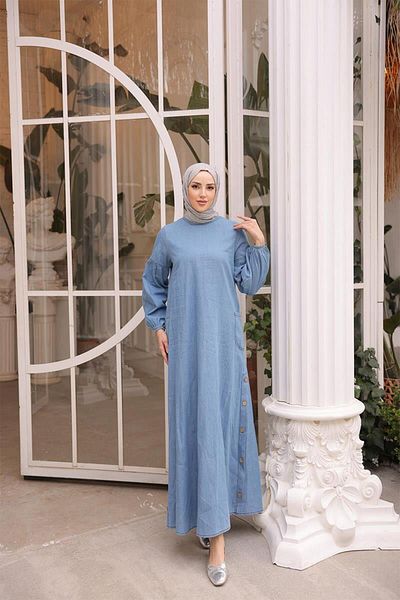 BURCU TESETTÜR Side Buttoned Balloon Sleeve Hijab Denim Dress Fdl1001 Light Jeans