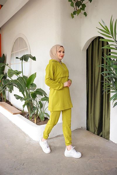 BURCU TESETTÜR Front Half Zipper Tracksuit Set TRN1019 Olive Green