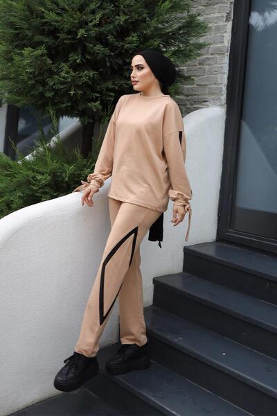 BURCU TESETTÜR Set dublu cu mâneci cu șireturi BRC1301 Latte