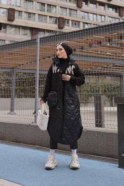 BURCU TESETTÜR Μαύρο Αθλητικό Παλτό - Brc8051 Μακρύ