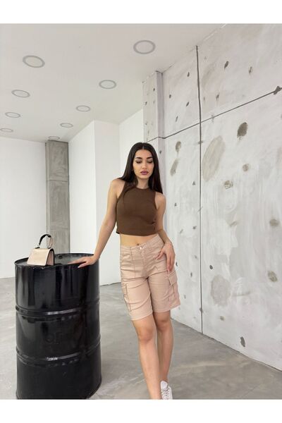 BİKELİFE Kargo Cepli Yüksek Bel Esnek Bermuda Şort