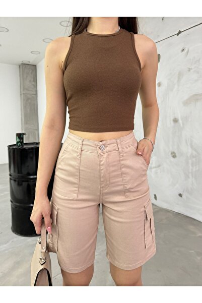 BİKELİFE Kargo Cepli Yüksek Bel Esnek Bermuda Şort