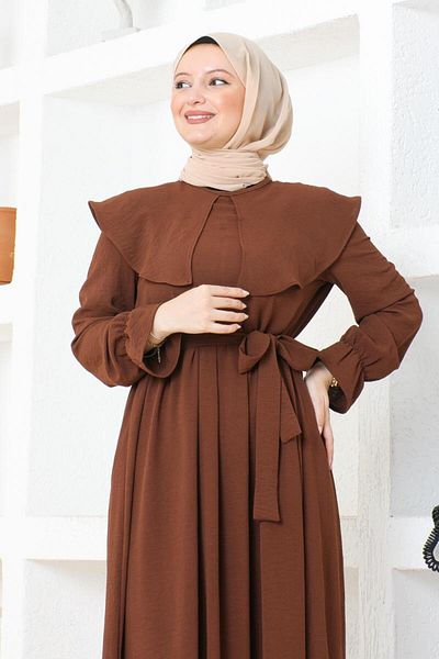BURCU TESETTÜR Φόρεμα Hijab με γιακά με ζώνη - BRC1125 Καφέ