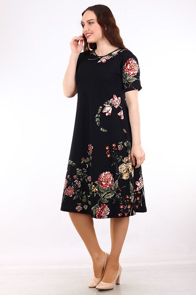 BEĞENDİM Μαύρο κοντομάνικο φόρεμα βισκόζης - Floral print