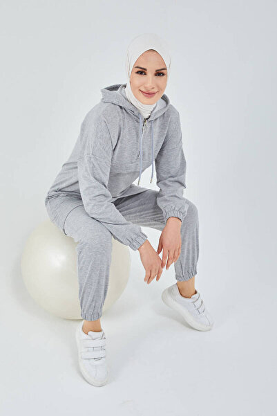 BURCU TESETTÜR Front Half Zipper Tracksuit Set Trn1019 Gray