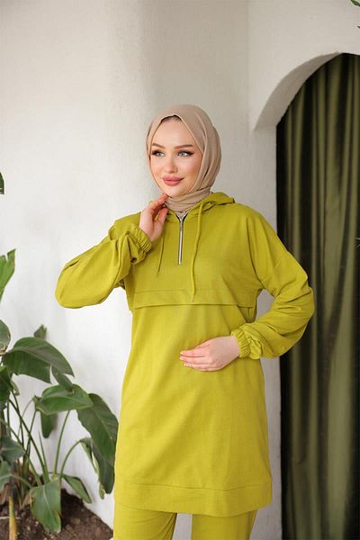 BURCU TESETTÜR Front Half Zipper Tracksuit Set TRN1019 Olive Green