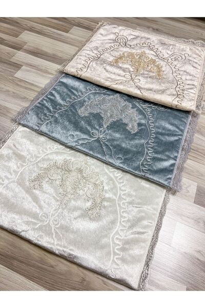 AYHANHOME 3 ΤΕΜ Γαλλικό βελούδινο νυφικό σετ - Δαντελωτό και κεντημένο χαλάκι προσευχής προίκας