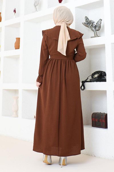 BURCU TESETTÜR Φόρεμα Hijab με γιακά με ζώνη - BRC1125 Καφέ