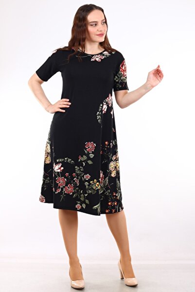 BEĞENDİM Μαύρο κοντομάνικο φόρεμα βισκόζης - Floral print