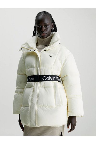 Calvin Klein Women's White M with Brand Logo on the Chest, Signature Textured Waist Belt, Zipper and Snap Buttons, Slit Pocket
