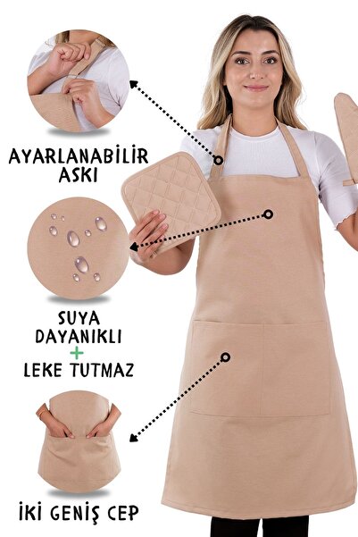 sevilya Simple 3'lü Set Ayar Askılı Mutfak Önlüğü Seti (ELDİVEN, TUTACAK)