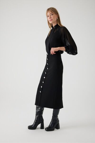 Exquise Μαύρη Slim Fit Midi Pencil Φούστα - Κουμπί μπροστά