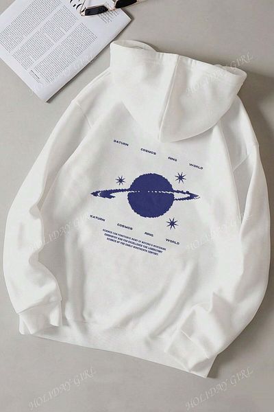 MODAGEN Λευκό φούτερ με στάμπα Saturn Unisex Oversize με κουκούλα