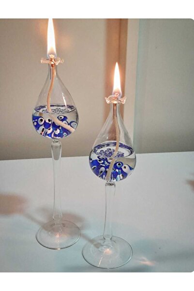 LEYLA CAM SANATLARI CAM ÜFLEME KANDİL 2 Lİ DÜZ AYAK MODEL NAZAR BONCUKLU + 20...