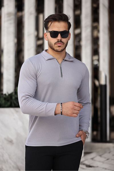 ROBERTO BORNOVA Gray Thin Lycra Long Sleeve Half Zipper Body Sweater