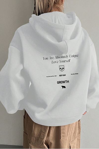MODAGEN Unisex Λευκή κουκούλα Love Yourself Πίσω Φούτερ με στάμπα Oversize
