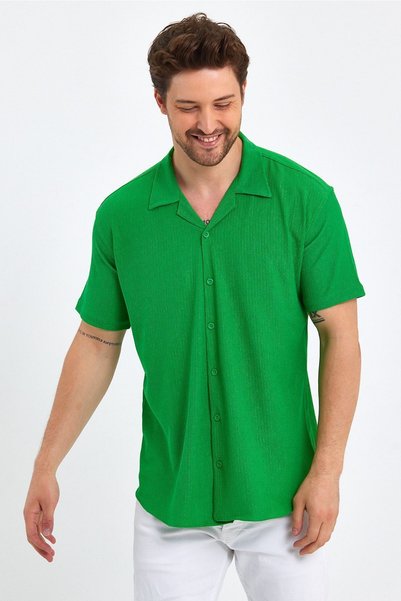 CLIPMAN Men's Slim Fit Self-Patterned Linen Open Collar Short Sleeve Shirt Green34