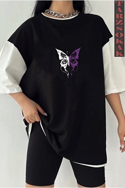 Tarzsokak Tricou unisex negru oversize dublă culoare cu imprimeu BUTTERFLY TEXT