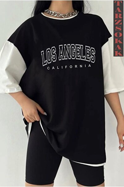Tarzsokak Tricou unisex negru oversize dublă culoare LOS ANGELSS TEXT imprimat