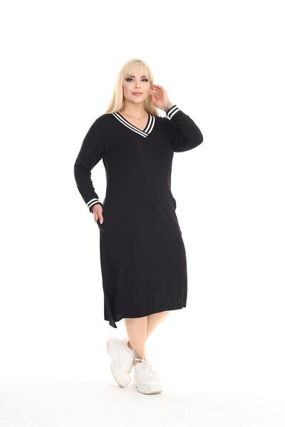 mami butik V λαιμόκοψη - Μακρυμάνικο και άνοιγμα Μαύρο χτενισμένο βαμβακερό φόρεμα - Plus Size με τσέπες