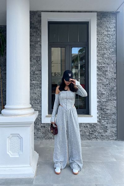 Seda Yalçın Atelier Gray Off-Shoulder Blouse and Pants Set