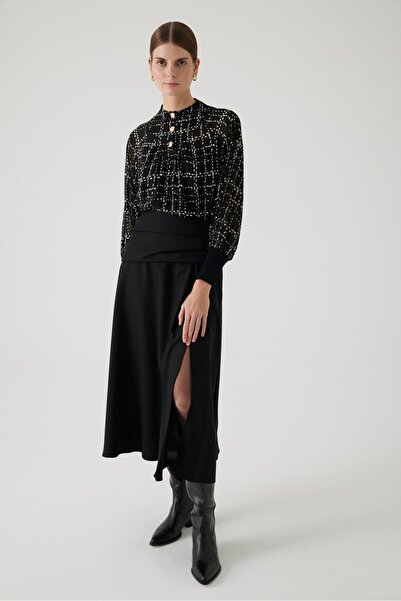 Exquise Black Chiffon Blouse - Plaid and Lined Regular Cut
