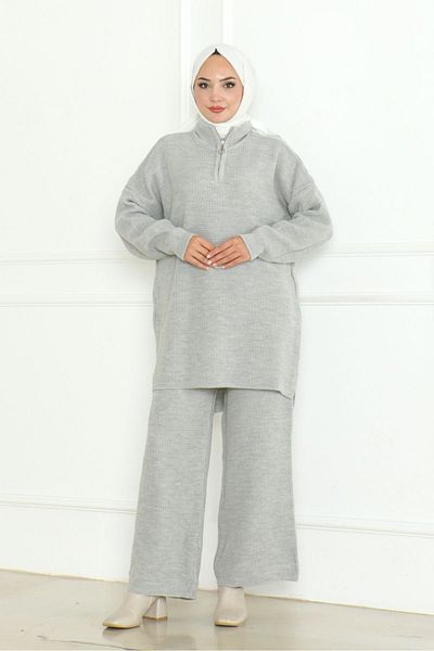 Bestenur Gray Knitwear Tunic and Trousers Set - Zippered 1126