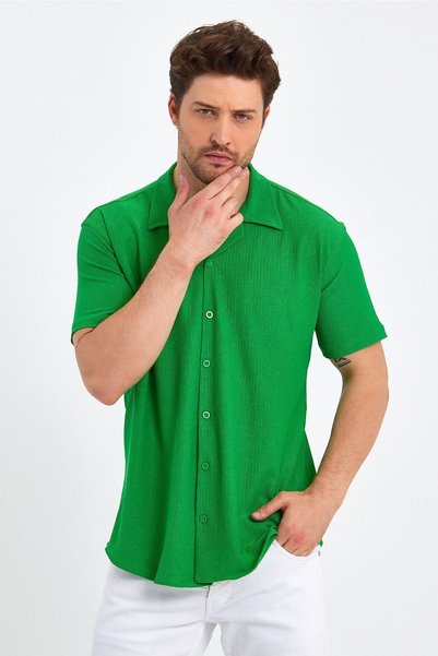 CLIPMAN Men's Slim Fit Self-Patterned Linen Open Collar Short Sleeve Shirt Green34
