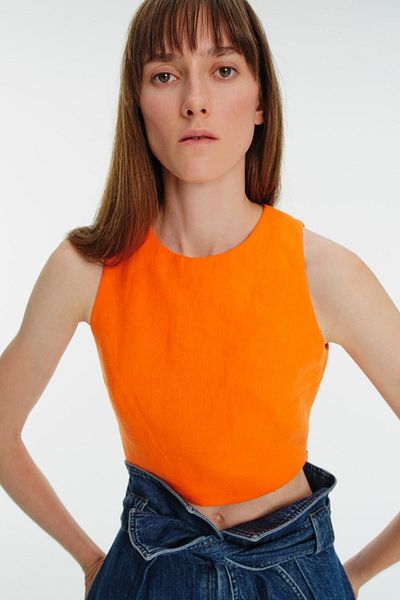 Exquise Λινό Crop Μπλούζα - Crew Neck