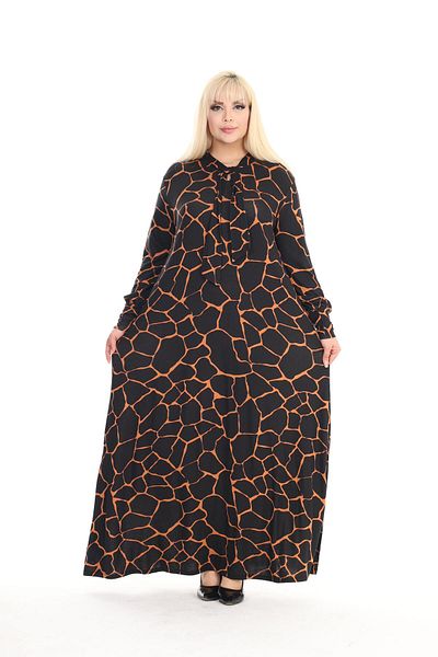 mami butik فستان كاجوال من القطن الفسكوزي الممشط - مقاس كبير بياقة ربطة عنق سوداء