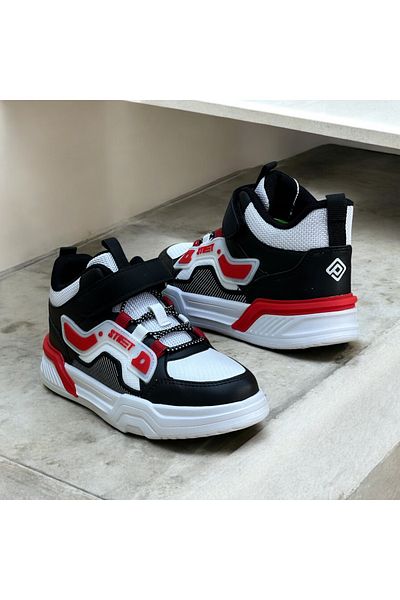 fikret bağcı Unisex Children's Sports Shoes - Light Sole, Velcro Elastic, White Black Red