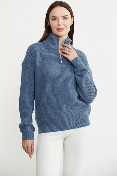 Sementa Pulover din tricot cu fermoar pe jumătate cu gât țesut - Albastru închis