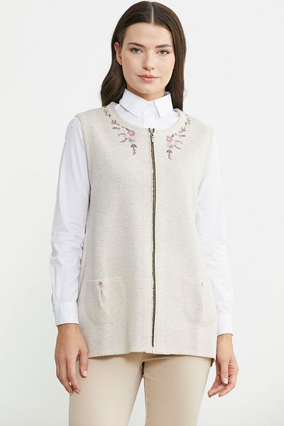 Sementa Stone Colored Zippered Wool Knitwear Vest with Embroidery Detail