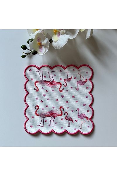 DECO Pink Edge Flamingo Pattern Digital Printed with Embroidered Edge Decorative Cocktail Napkins