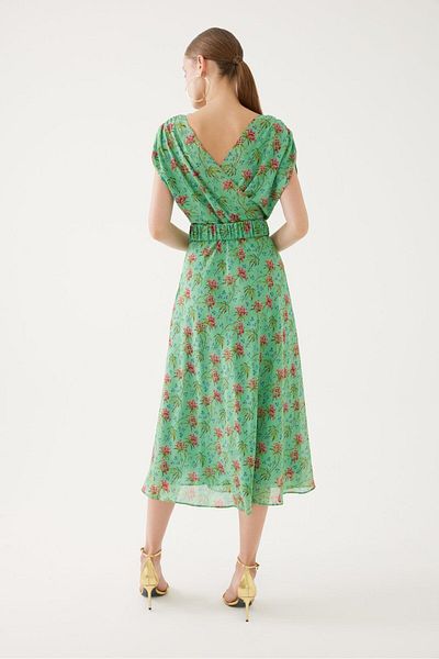 Exquise Green Dress with Flower Motif