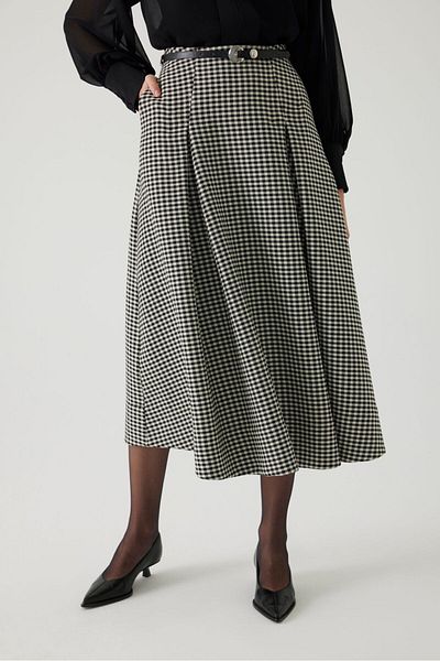 Exquise Gingham Patterned Belted Regular Midi Skirt - A-Line