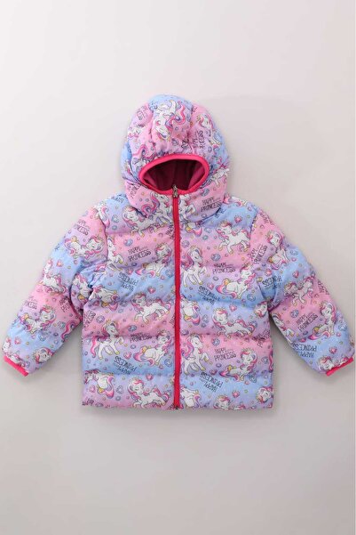 ROBA KIDS Kız Erkek Çocuk Iç Polarlı Kapüşonlu Unicorn2 Desenli Kışlık Şişme Mont & Kaban RB-109