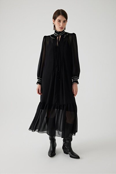 Exquise Triko Detaylı Uzun Kol Midi Şifon Regular Siyah Elbise