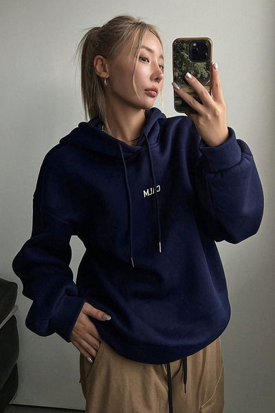 MODAGEN Navy Blue Unisex Oversize Hooded Sweatshirt - Love Yourself Back Printed