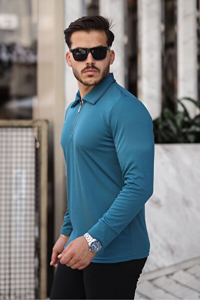 ROBERTO BORNOVA Petrol Blue - Pulover cu mânecă lungă, subțire, cu jumătate de fermoar