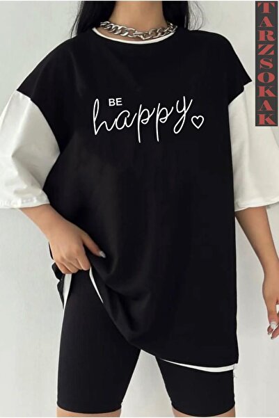 Tarzsokak Black Oversize Double Color HAPPY Printed Unisex T-shirt