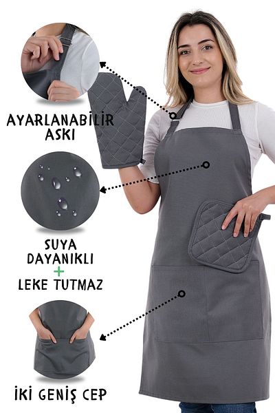 sevilya 3-Piece Simple Set Kitchen Apron with Adjustment Hanger - GLOVES, GRIPS