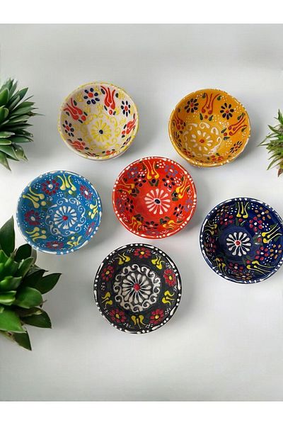 Artistic Quality Tulip Flower Patterned Ceramic Sauce Bowl - Snack Bowl - Breakfast Bowl 6 Pieces